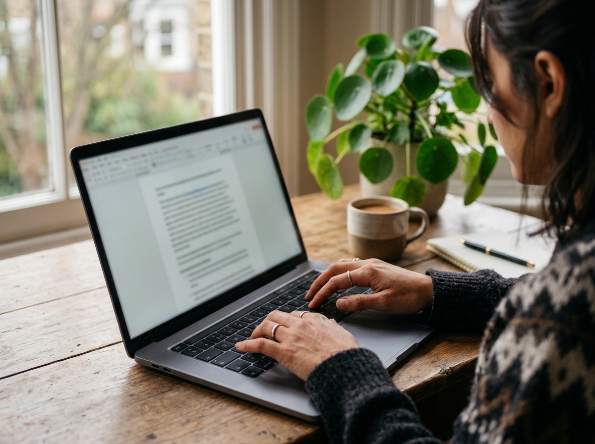 A writer's hands typing on a laptop in a well-lit home office, focused on the act of content creation.