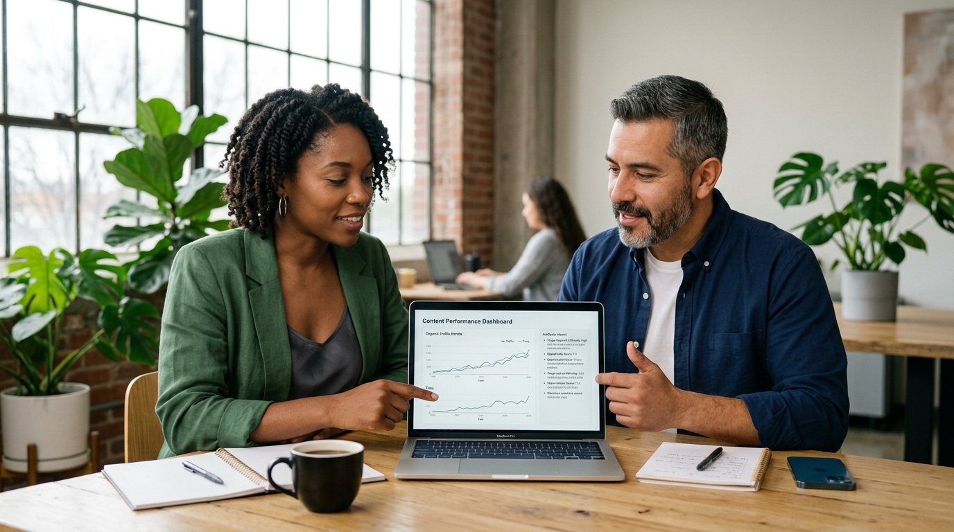 Two content marketers collaborating over a laptop showing an SEO analysis report in a bright, modern office.