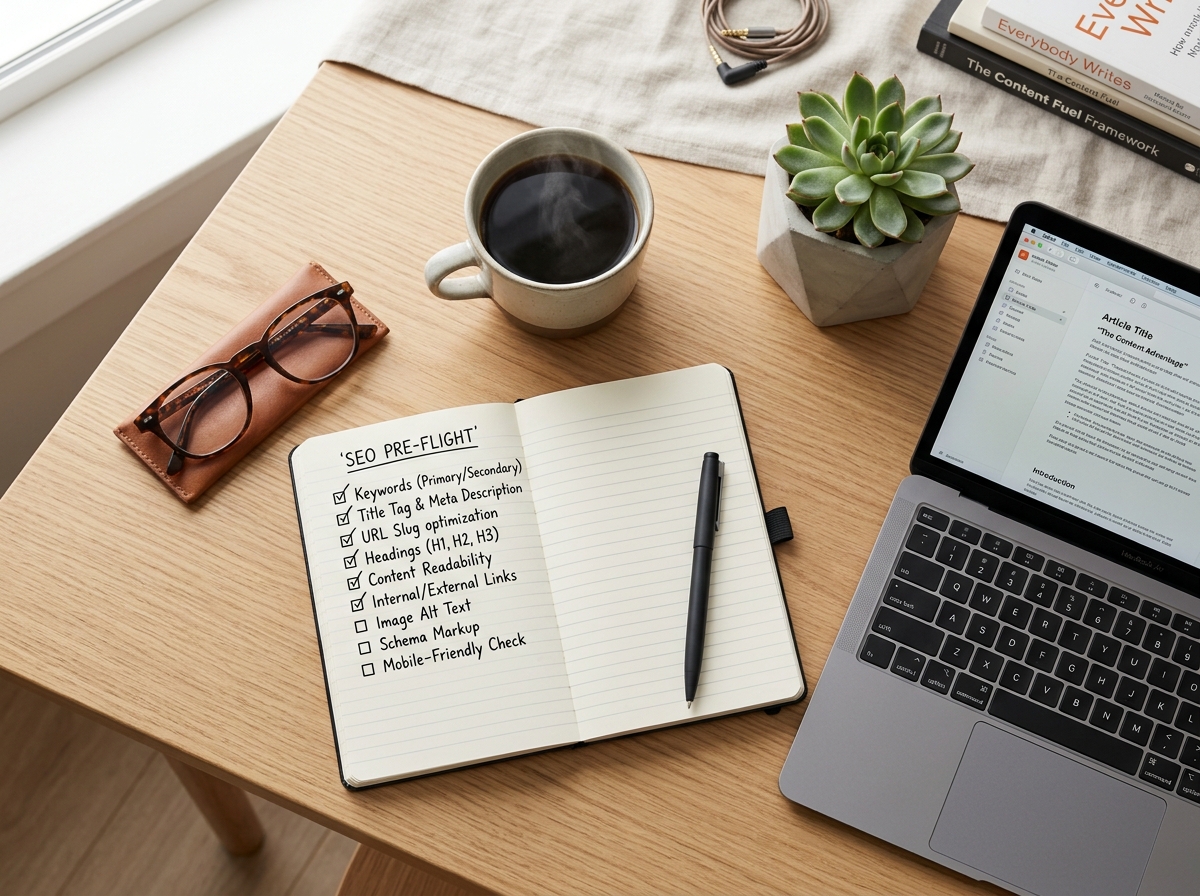 A flat lay of a content creator's desk with tools for article optimization.