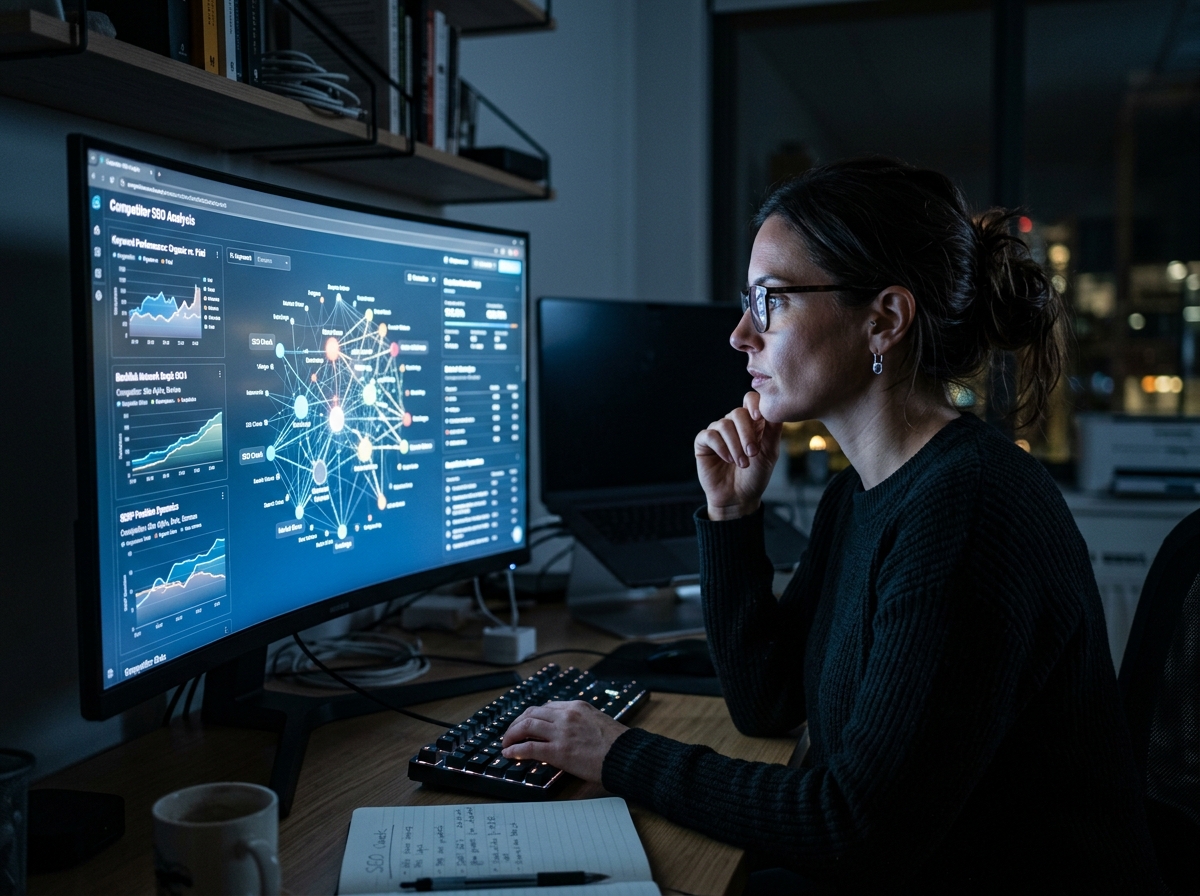 A data analyst looking thoughtfully at a complex data visualization on a large screen in a dimly lit room.