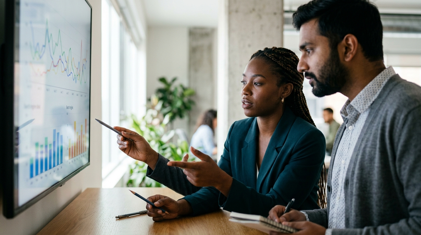 A diverse team of content strategists analyzing a SERP dashboard on a large screen in a modern, sunlit office.