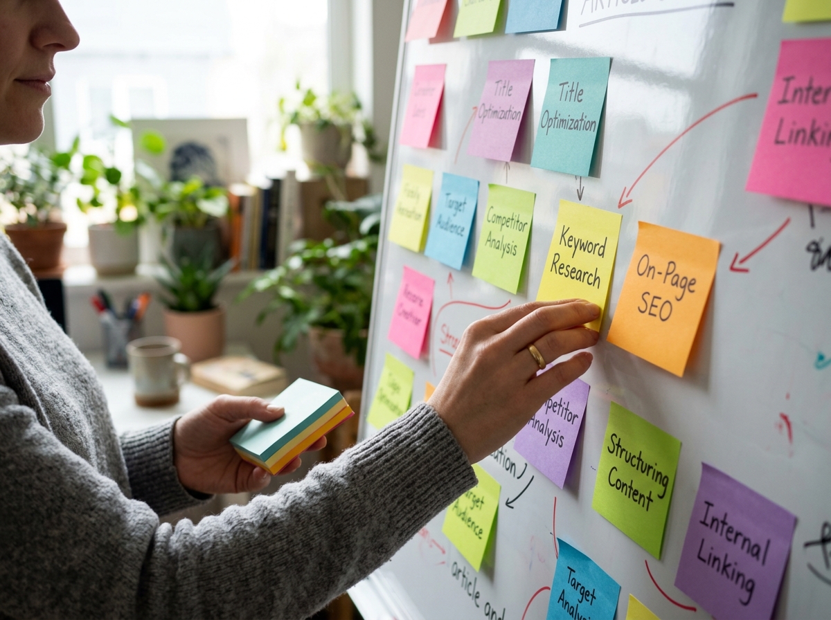 A writer sketching out an article outline on a whiteboard with colorful sticky notes representing different sections.