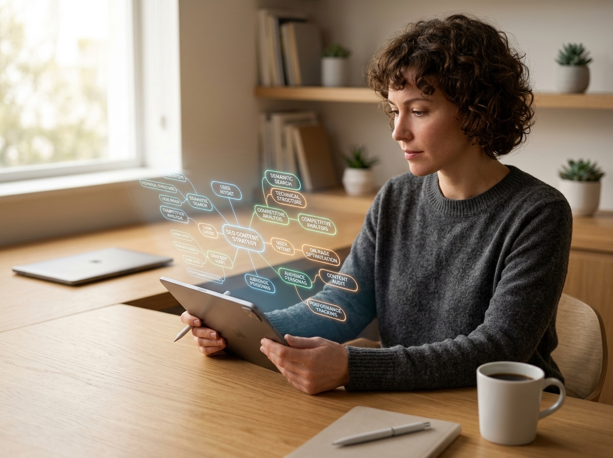 A digital mind map on a tablet screen showing the semantic connections between various SEO concepts for topical authority.
