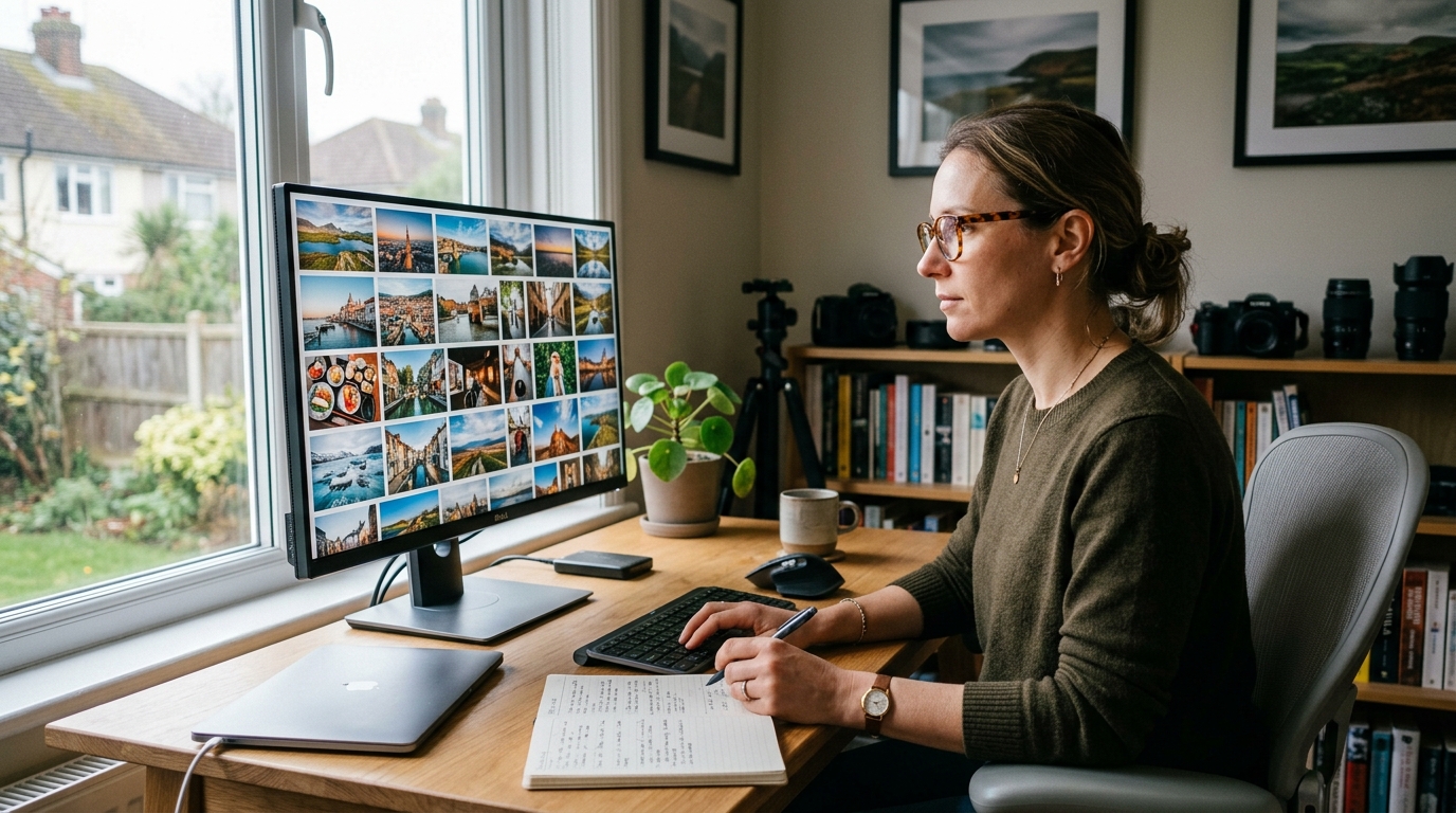 A microstock photographer at a clean, organized desk reviewing a batch of photos on a large monitor, with a look of focused efficiency.