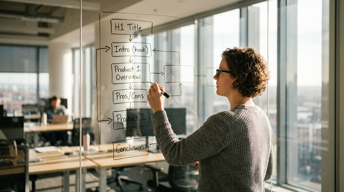 A content strategist thoughtfully sketching a review article's structure on a large glass whiteboard in a bright, modern office.