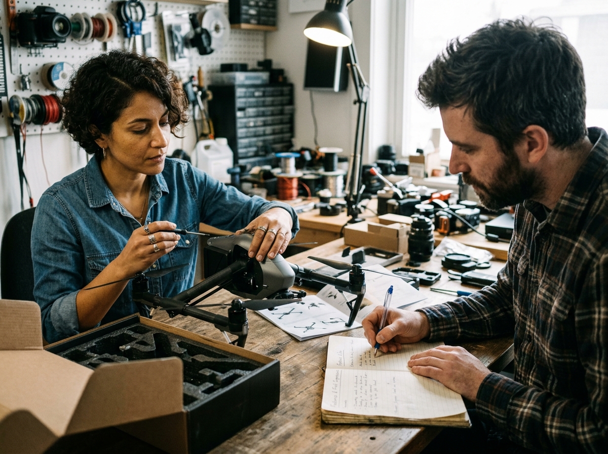 Two product reviewers unboxing a new drone and taking detailed notes on its features in a workshop setting.