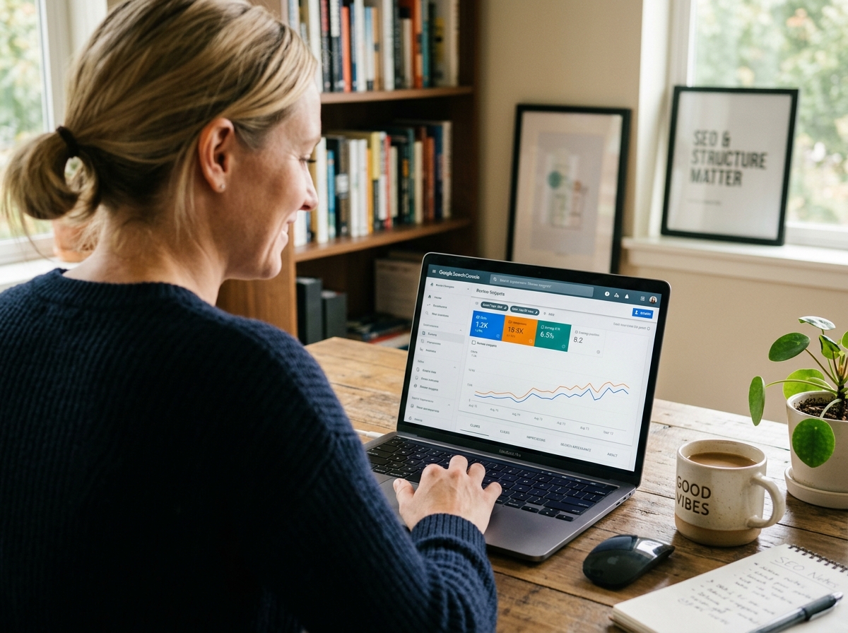 An SEO specialist analyzing a Google Search Console report on a laptop, showing a positive trend in rich snippet impressions.