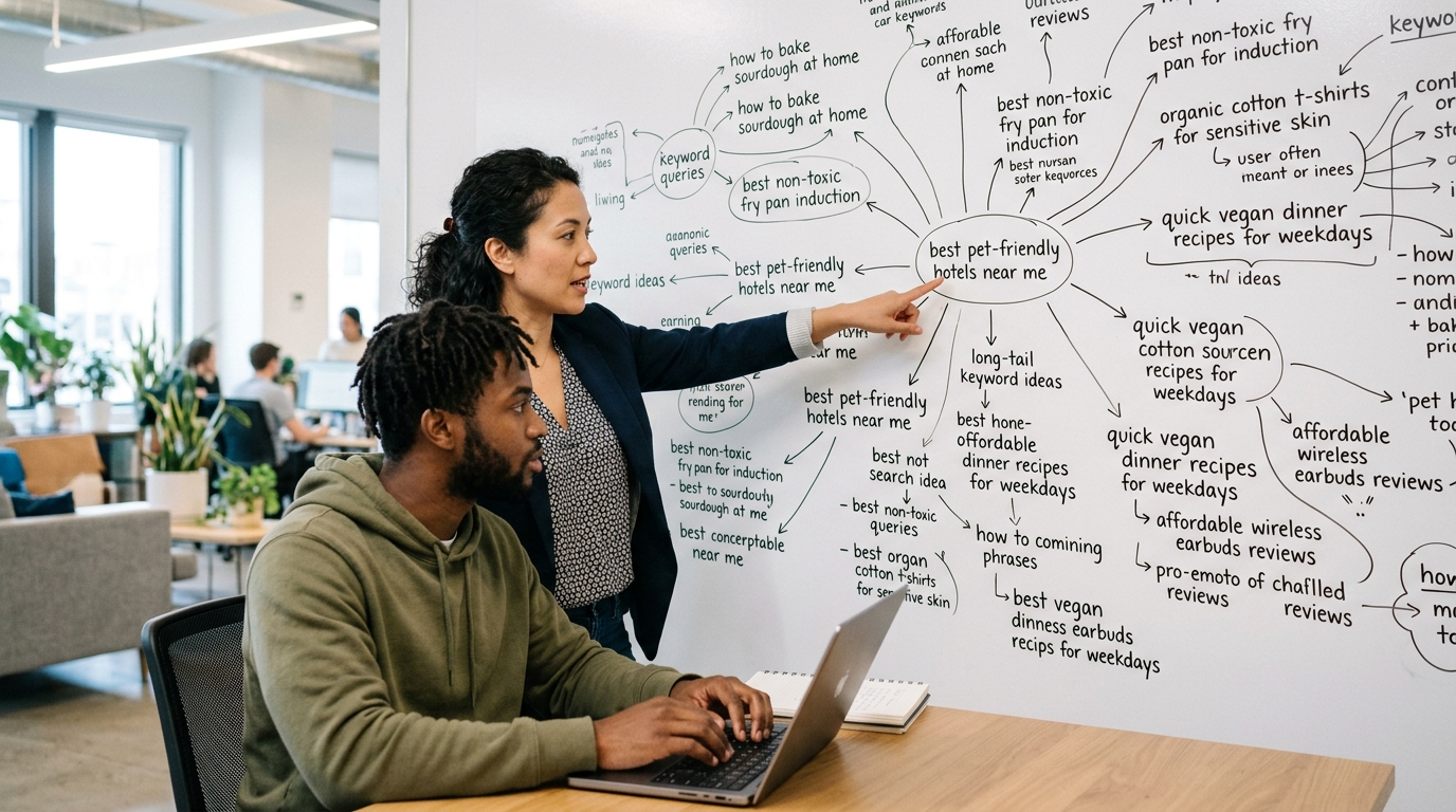 A marketing strategist and a content writer collaborating on a long-tail keyword strategy.