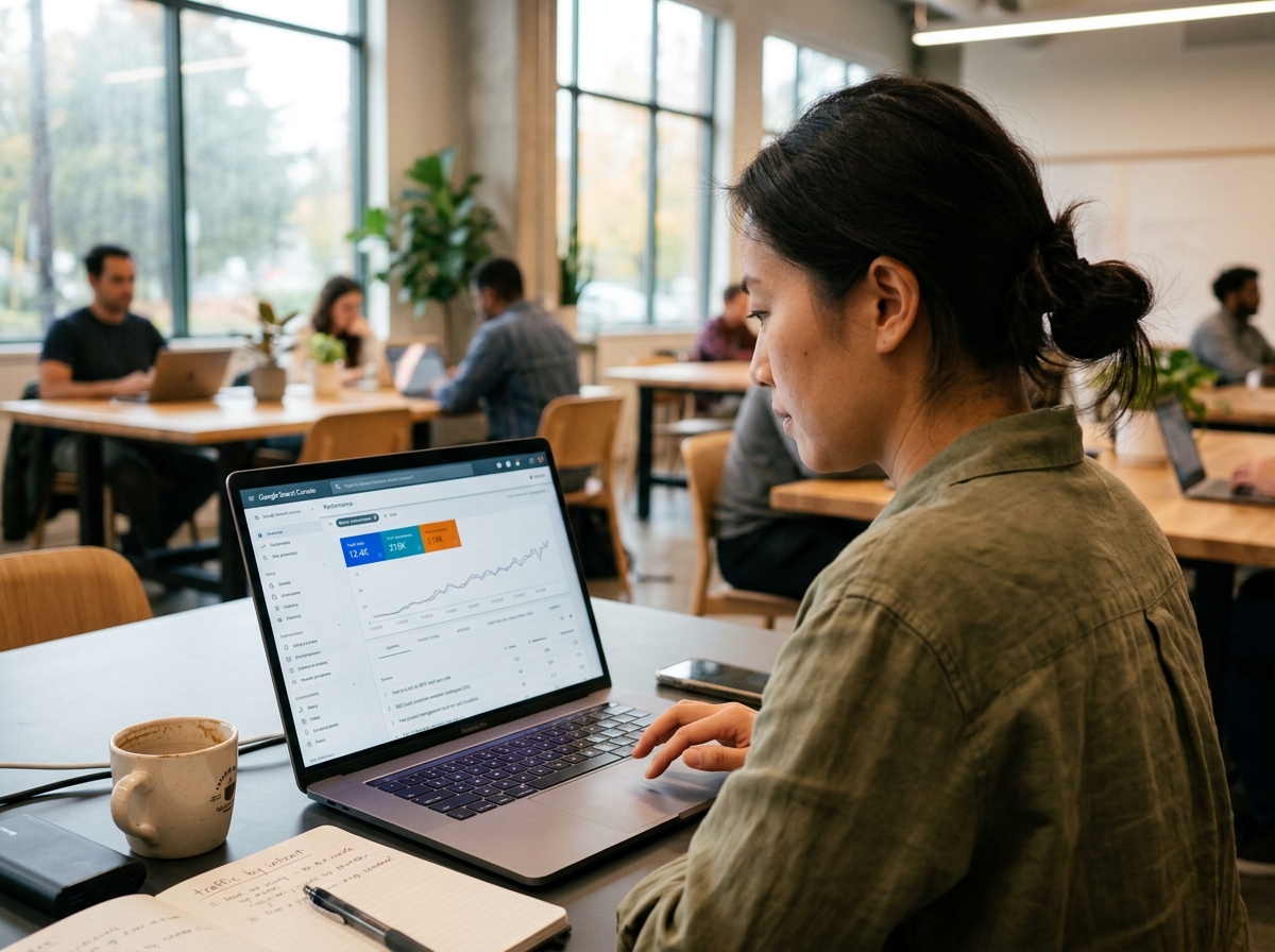 A solo founder analyzing a Google Search Console report to find long-tail keyword opportunities.