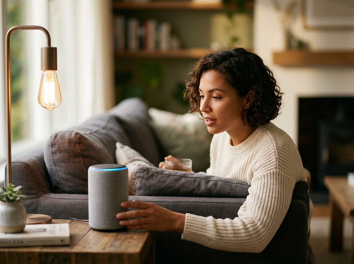 A person using voice search on a smart speaker in their living room, demonstrating a conversational long-tail query.