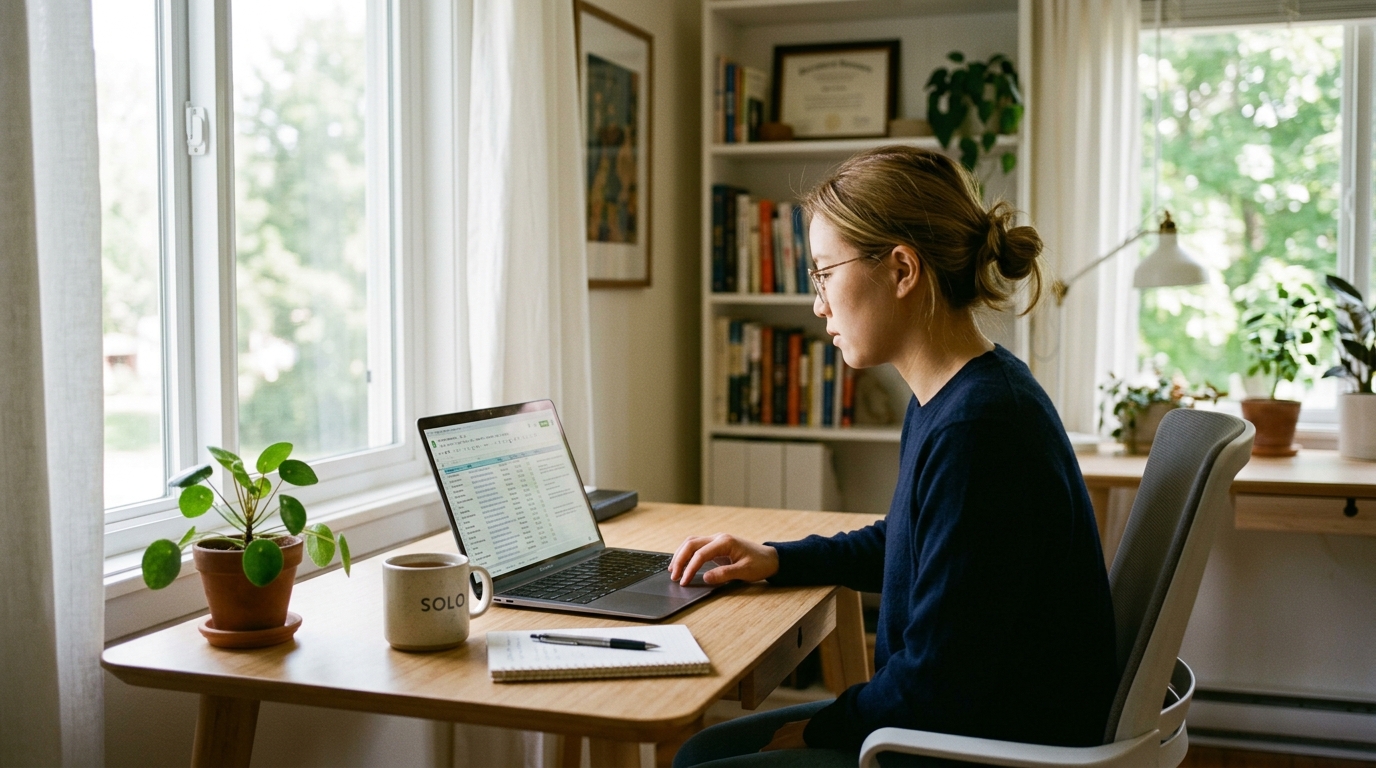 A solo founder in a home office strategically planning an article submission campaign on a laptop.