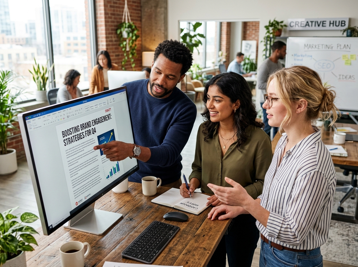 A small agency team collaborating on crafting a high-impact article for an SEO campaign.