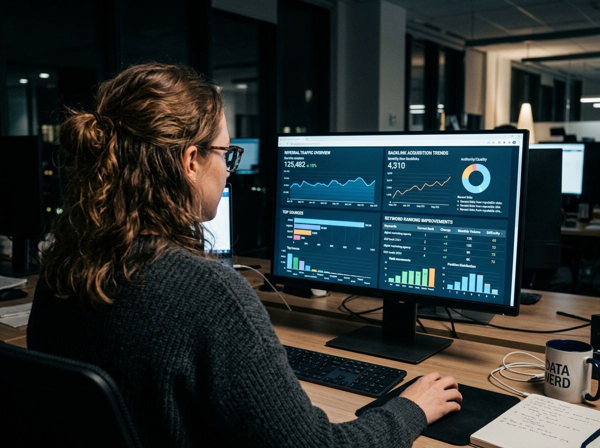 An SEO professional analyzing the performance of an article submission campaign on a data dashboard.