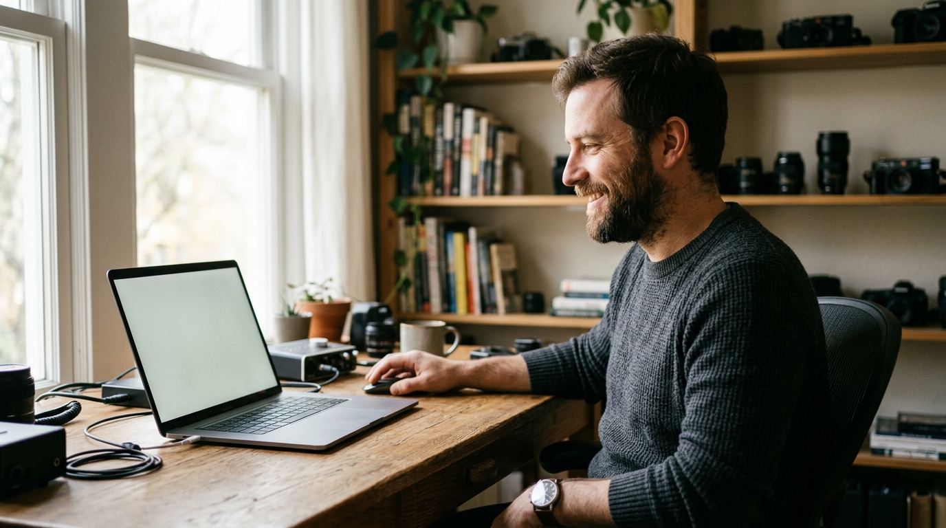 A videographer looking relieved while reviewing AI-generated video keywords on a laptop in a modern home office.