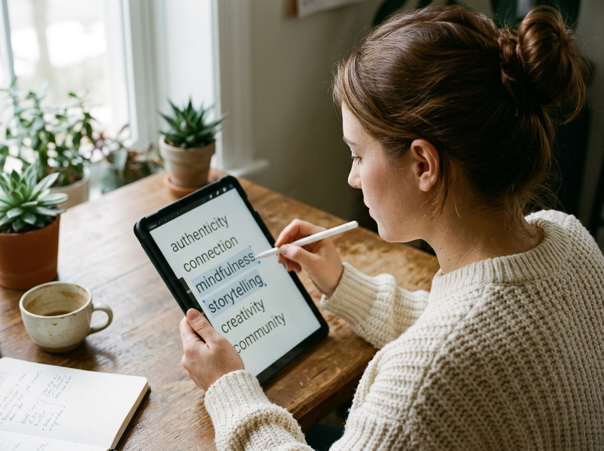 A creative professional thoughtfully curating AI-suggested keywords for a video on a tablet.