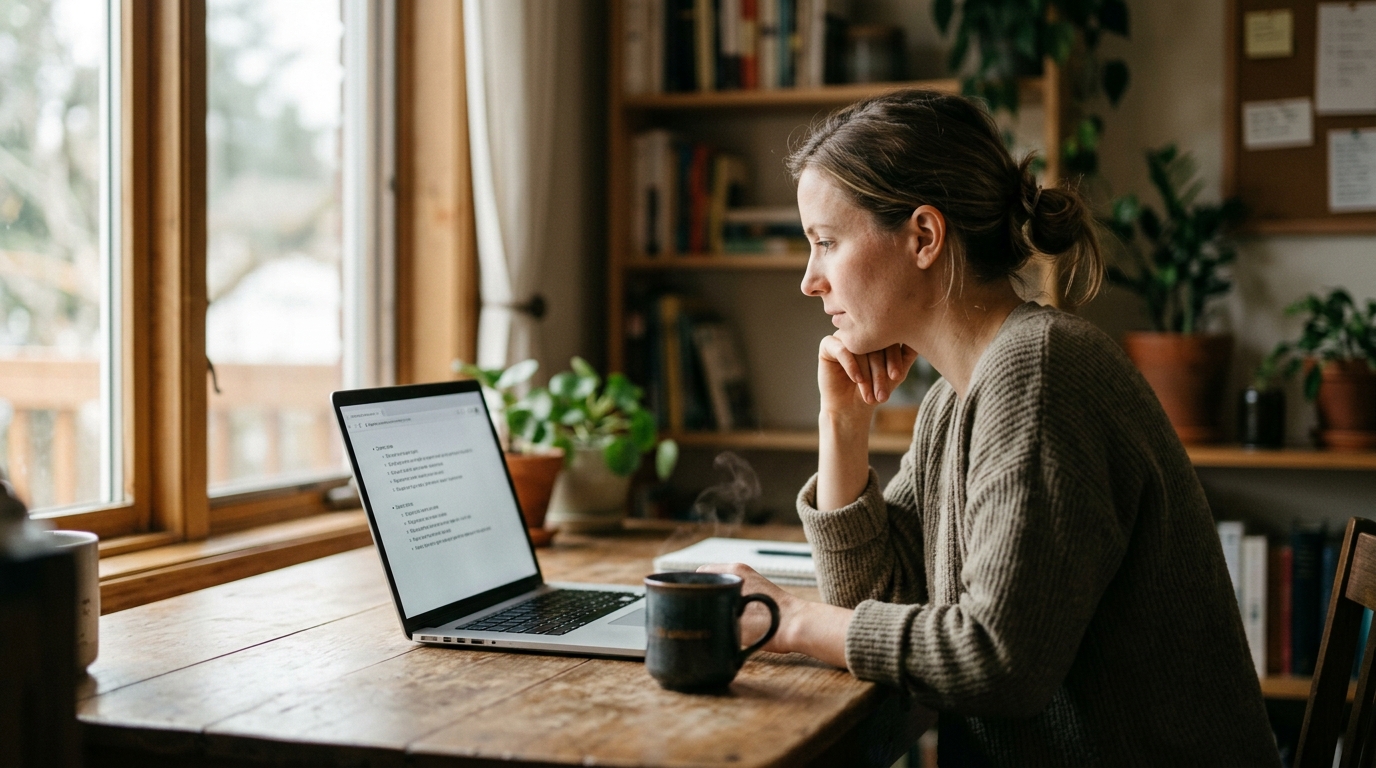 A small business owner focused on writing an SEO article on a laptop in a bright, modern home office.