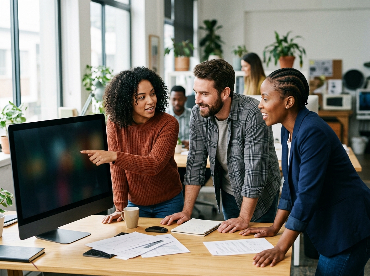 A diverse marketing team collaborating on an SEO strategy around a large screen showing SERP data.