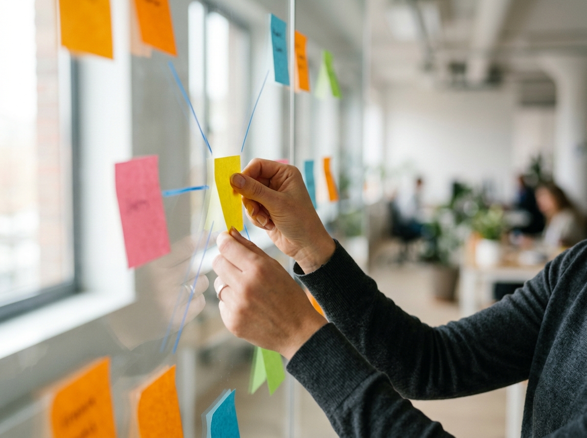 A content strategist mapping out a topic cluster on a glass wall with colorful sticky notes.