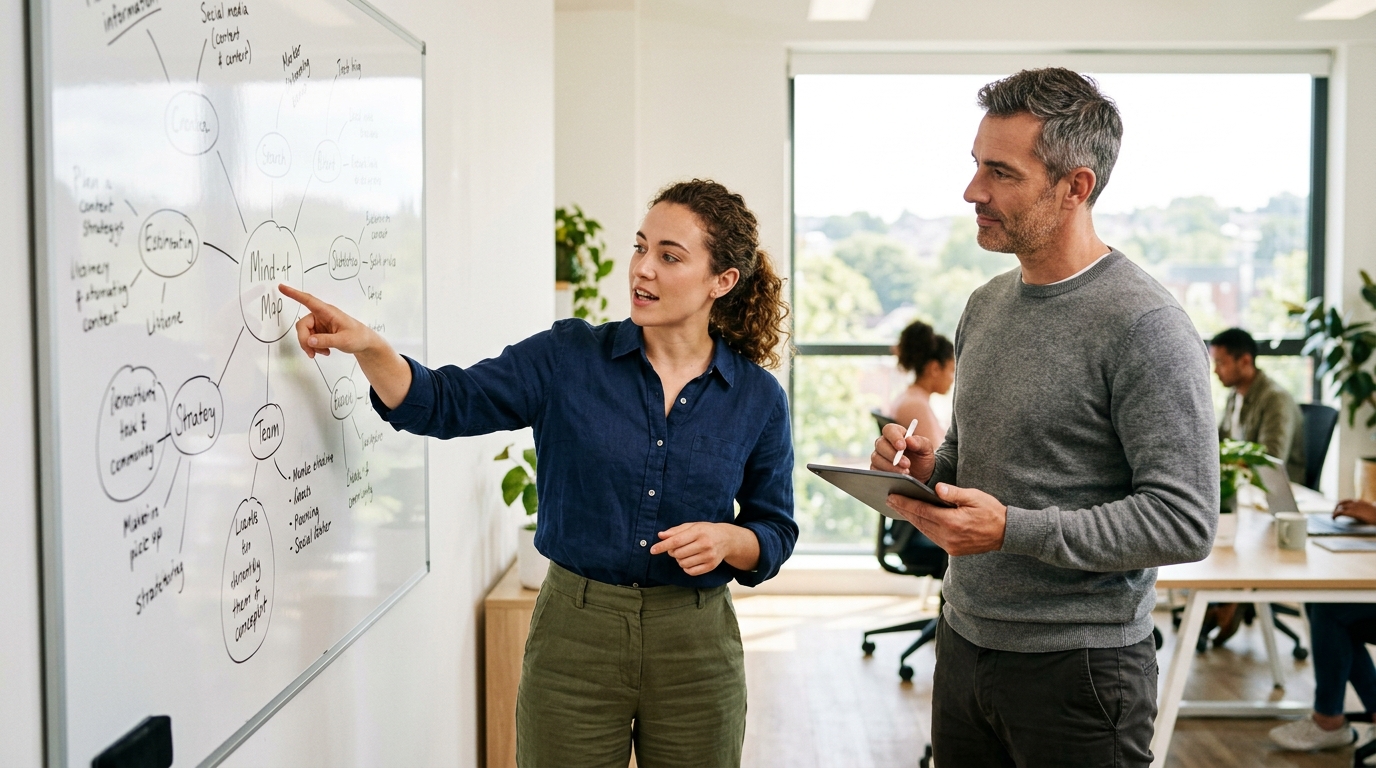 A content strategist and a small business owner collaborating on an SEO article outline on a large whiteboard in a bright, modern office.