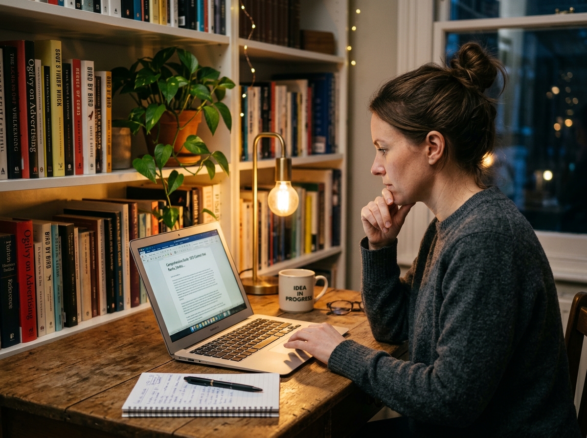 A freelance writer carefully reviewing an SEO article on a laptop, checking for readability and flow in a cozy home office setting.