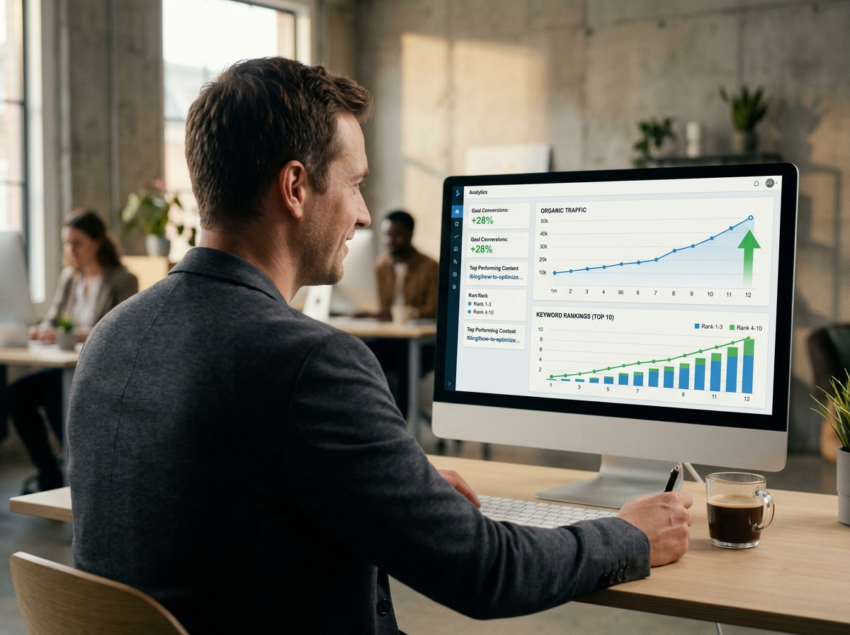 A startup founder looking at a performance dashboard on a monitor, showing positive growth in organic traffic and keyword rankings.