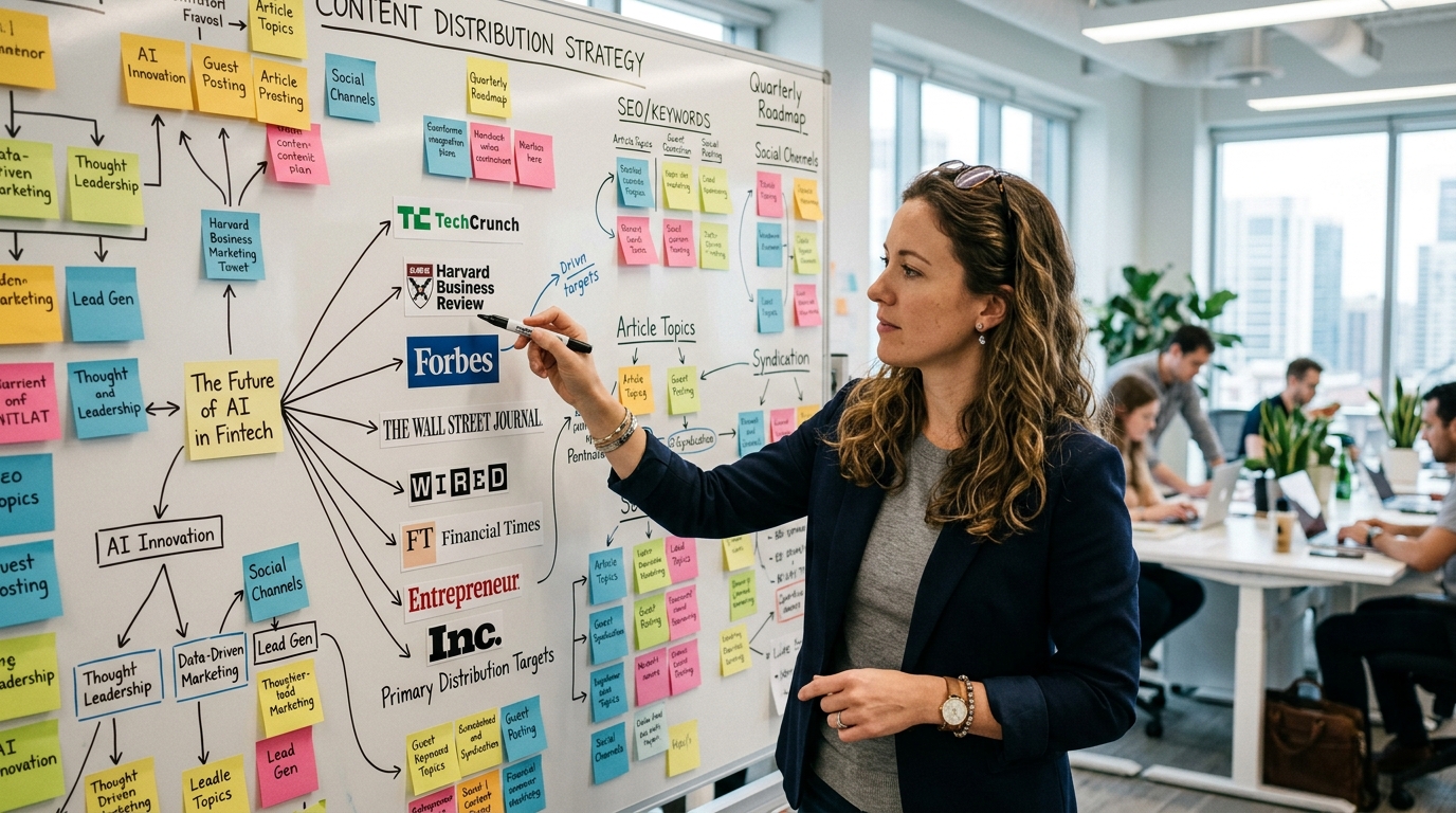 A content marketer strategically planning an article submission campaign on a large whiteboard in a modern office.