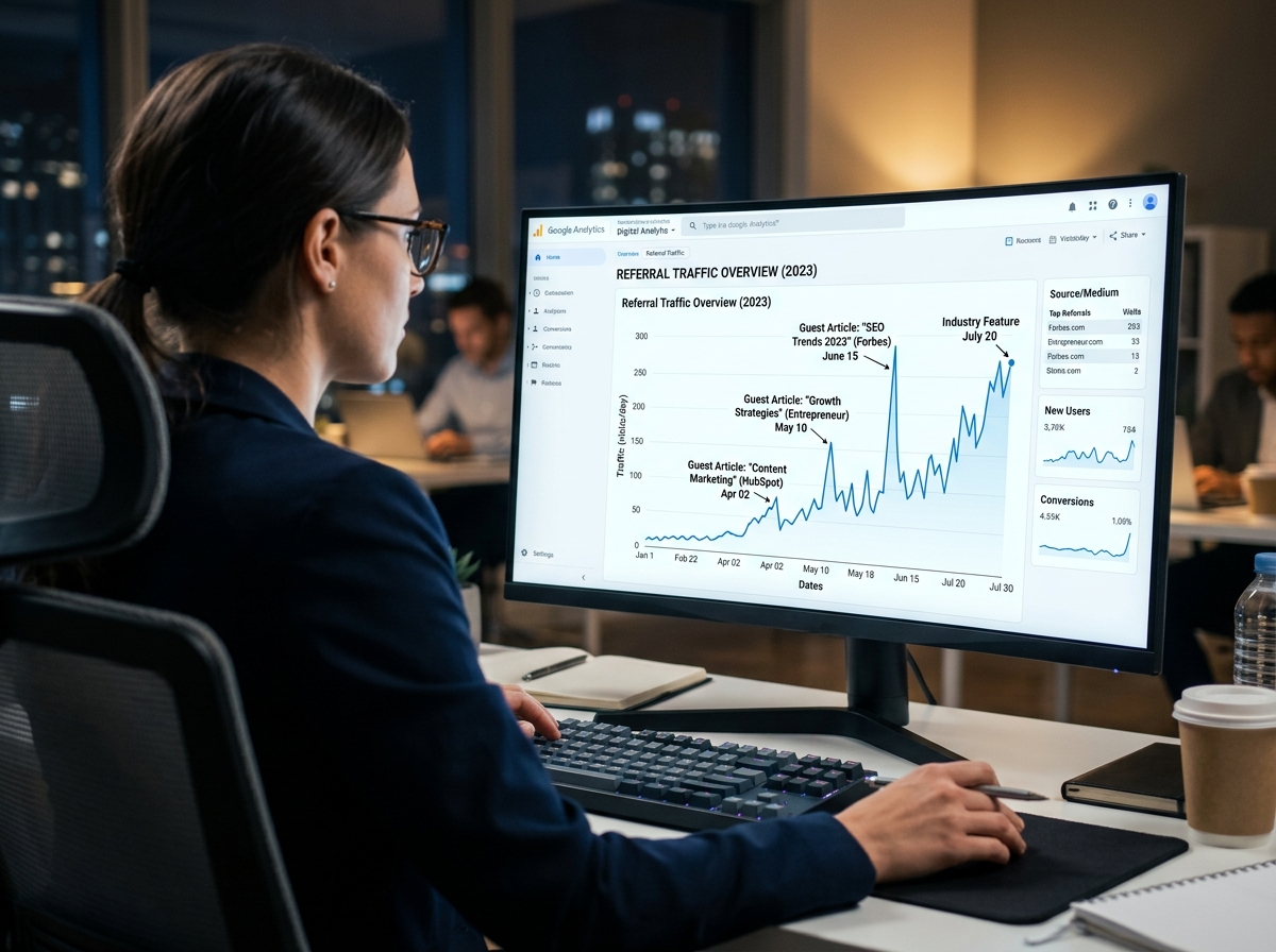 A close-up of a website's analytics dashboard showing a significant increase in referral traffic.
