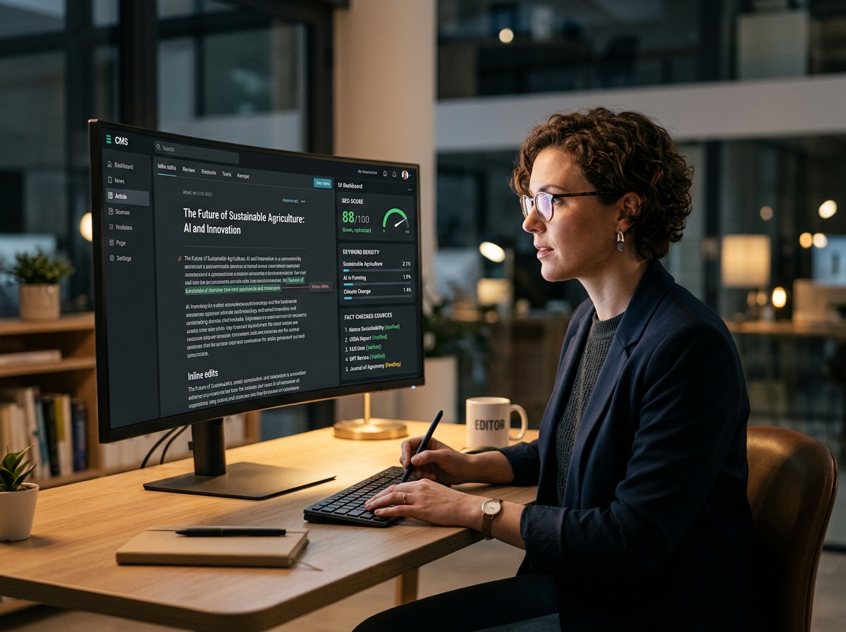 An AI-powered dashboard showing content drafts being generated and optimized for SEO in real-time.