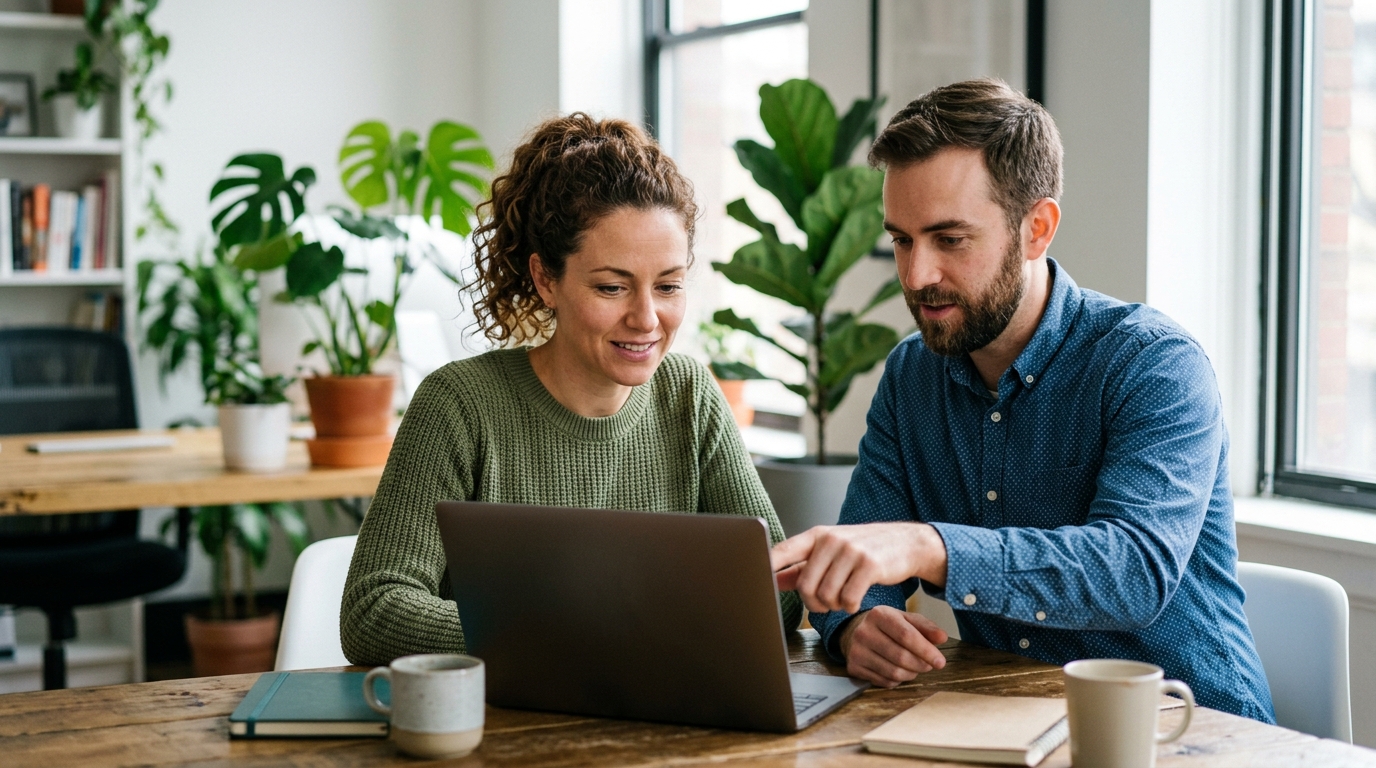A small business owner and a content strategist looking at an SEO report on a laptop in a bright office.