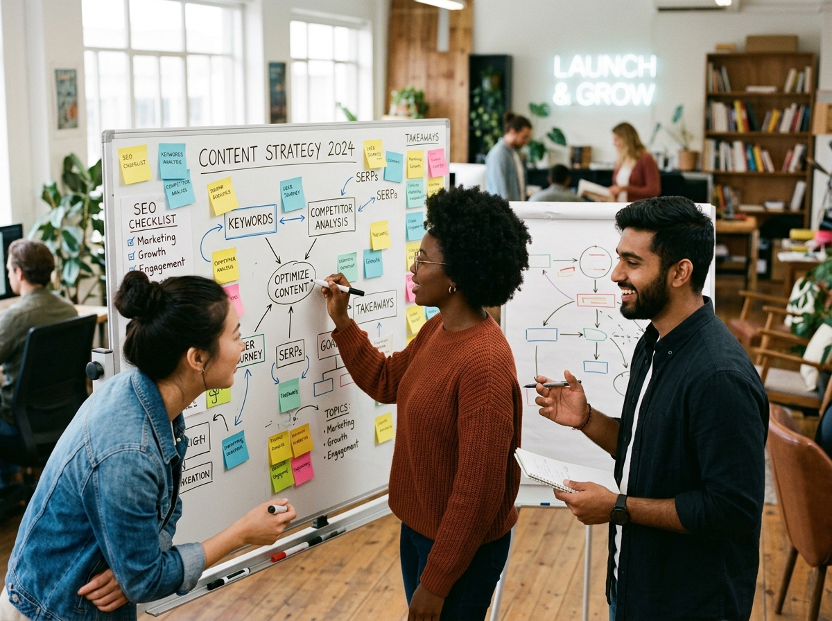 A diverse startup team brainstorming a content strategy on a whiteboard.