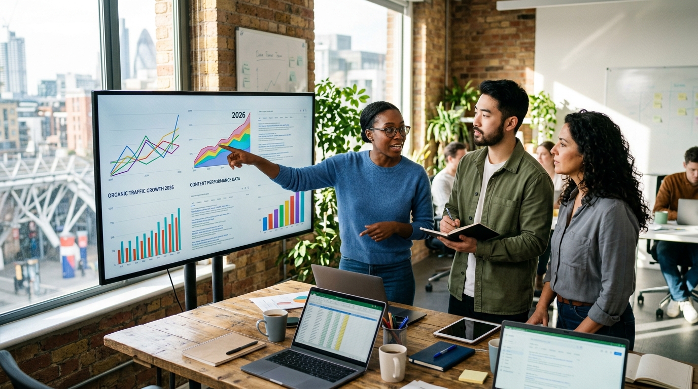 A small marketing agency team collaborating around a large screen displaying SEO analytics.