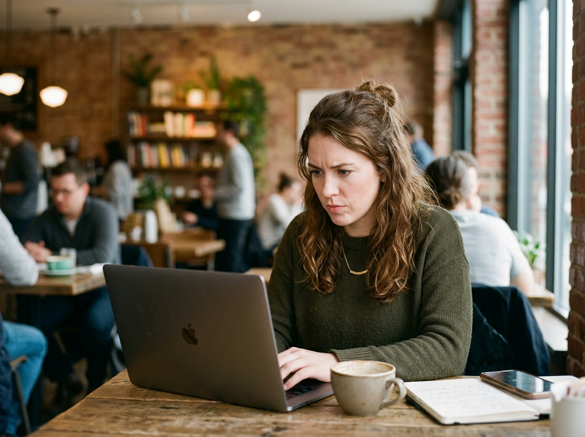 A solo founder working on her laptop at a coffee shop, efficiently managing her SEO content strategy.