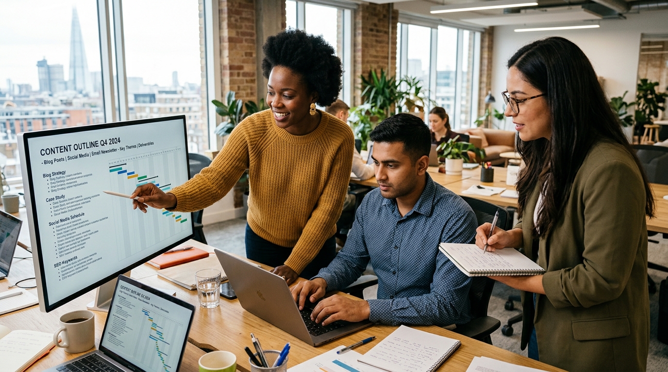 A diverse team of content strategists collaborating on an SEO article outline in a bright, modern office.