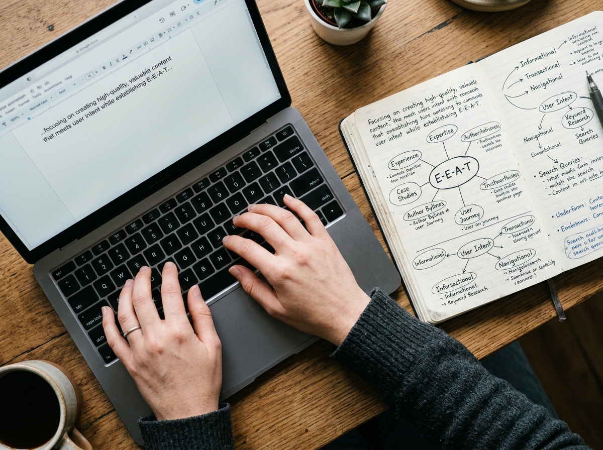 A close-up of a writer's hands typing on a laptop with a notebook showing keyword clusters and mind maps.