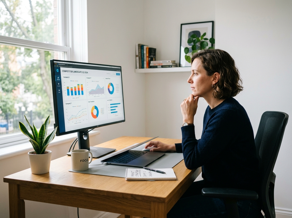 A solo entrepreneur at a clean desk, looking at a competitor analysis dashboard on their computer screen.