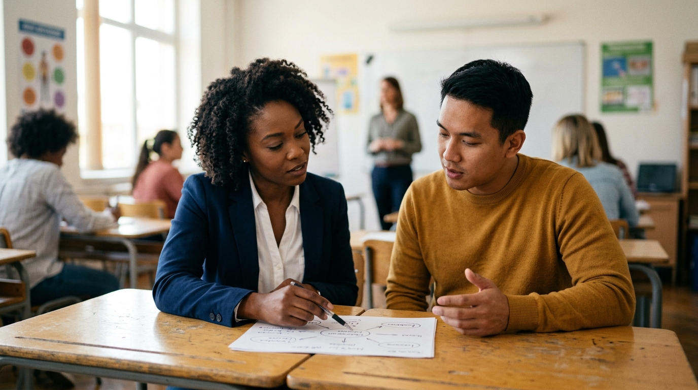 Two content strategists collaborating on an SEO article creation plan in a bright, modern office.