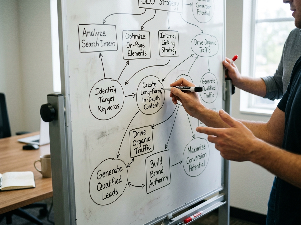 A close-up of a content strategist's hands sketching an article outline on a whiteboard.