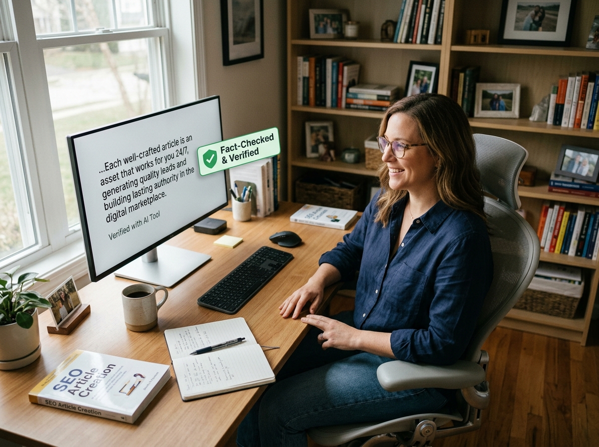 A solo founder looking confident while reviewing an AI-fact-checked article on their computer.