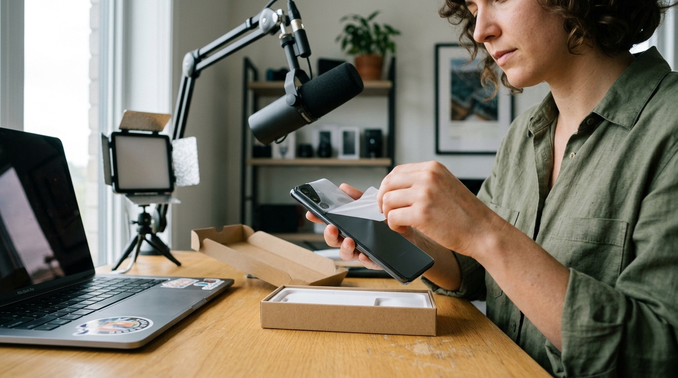 A tech reviewer meticulously setting up a new smartphone on a clean, modern desk for an SEO optimized article.