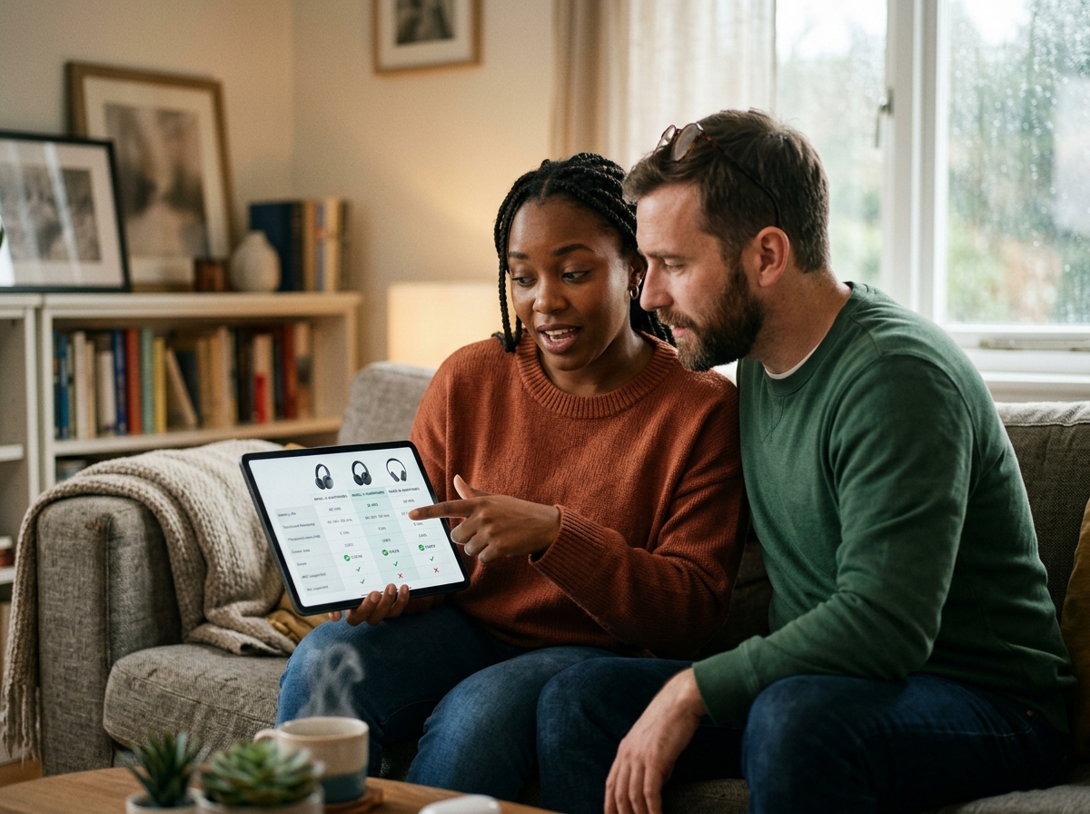 Two people comparing technical specifications on a tablet to decide on an electronics purchase.