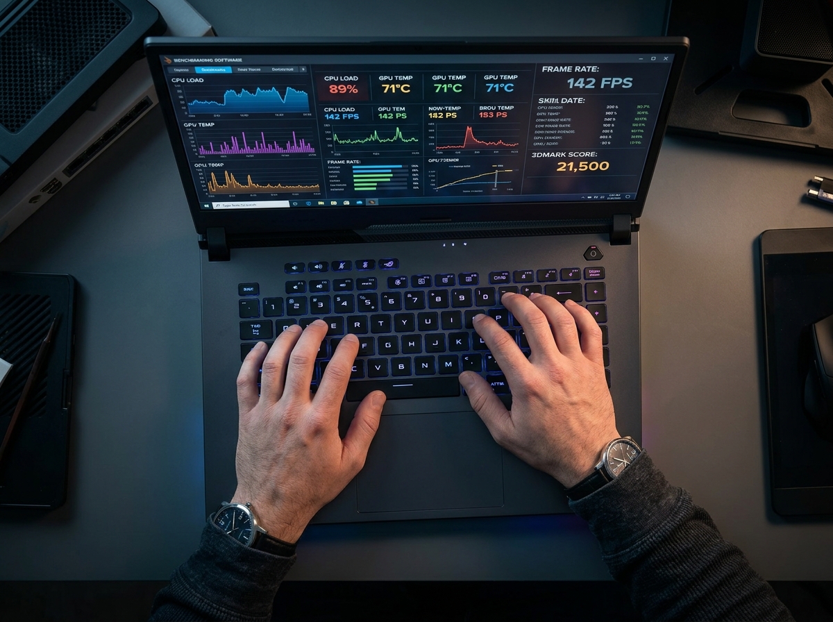 A close-up of a person's hands performing a benchmark test on a high-performance laptop, demonstrating E-E-A-T.