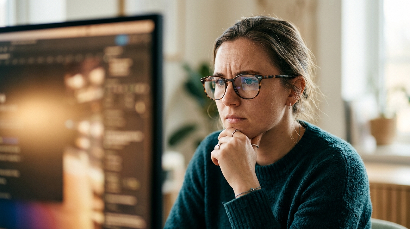 A content strategist analyzing a SERP on a large monitor in a modern office.