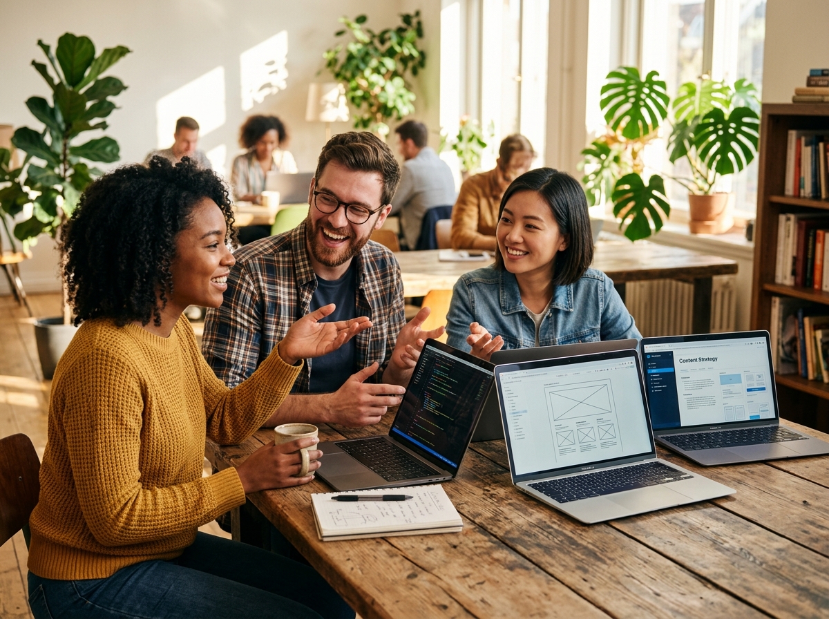 A small startup team collaborating around a table with laptops and coffee.