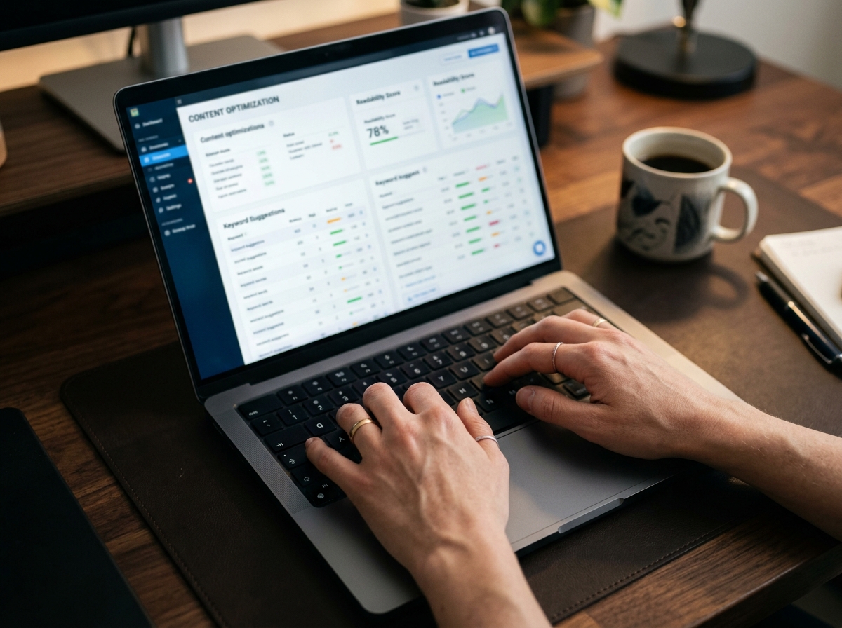 A close-up shot of a writer's hands typing on a laptop, with SEO analytics visible on the screen.
