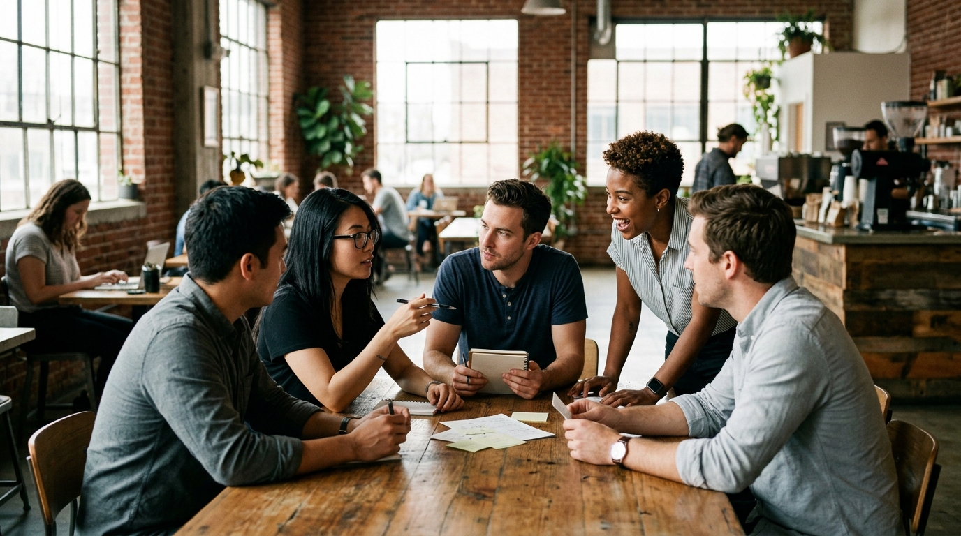 A diverse team of startup founders collaborating around a whiteboard with brand identity diagrams.
