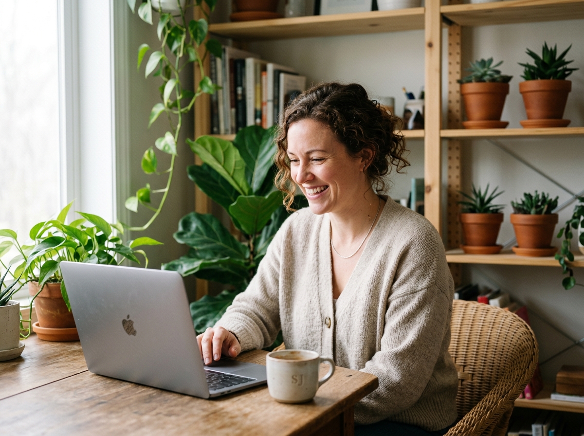 A small business owner smiling at her laptop showing her brand dominating search results.