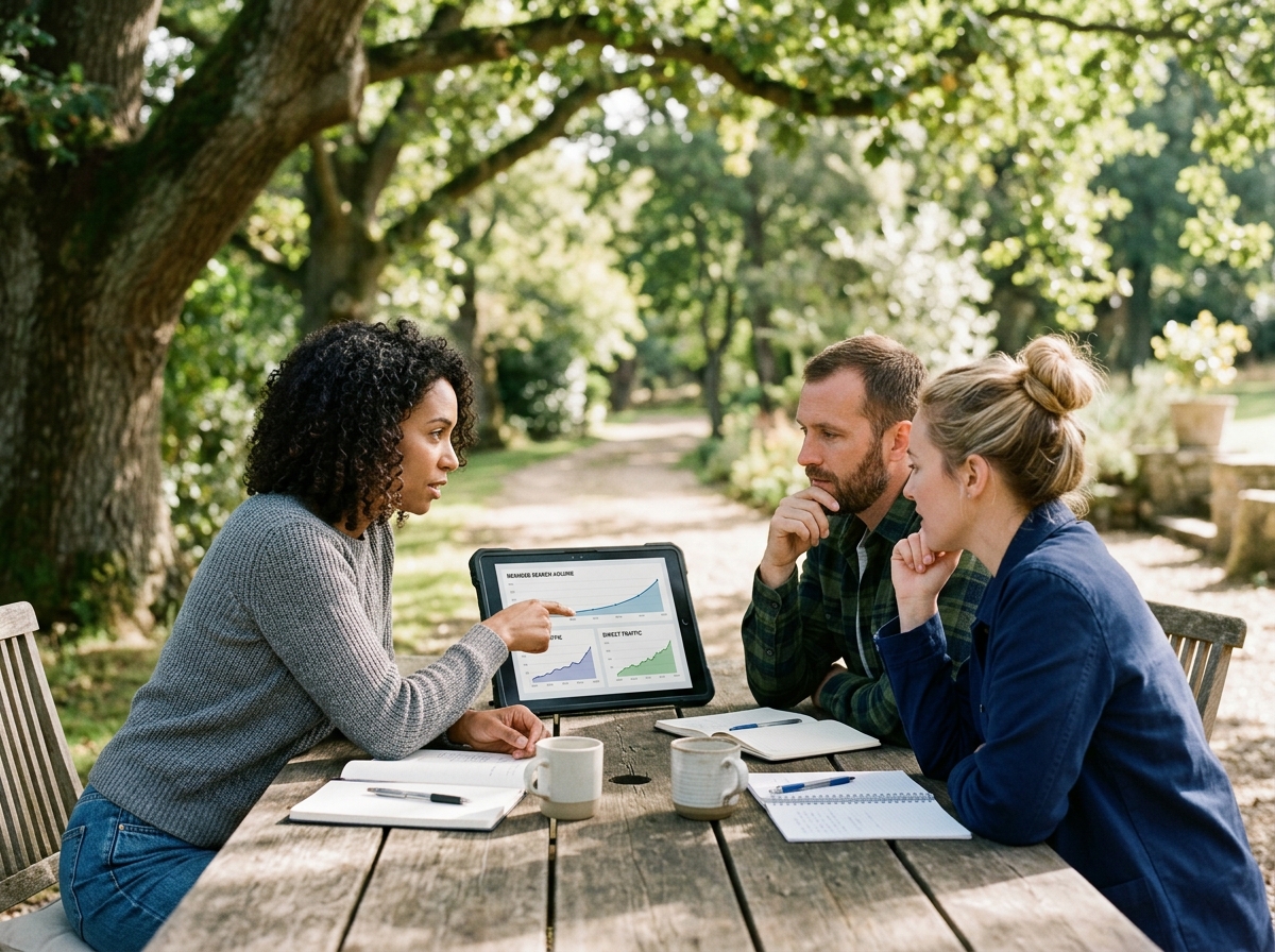 An analyst explaining a dashboard of brand SEO metrics like branded search volume to colleagues.
